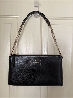 kate spade Wellesley Black Pebbled Leather Shoulder Bag with Gold Chain